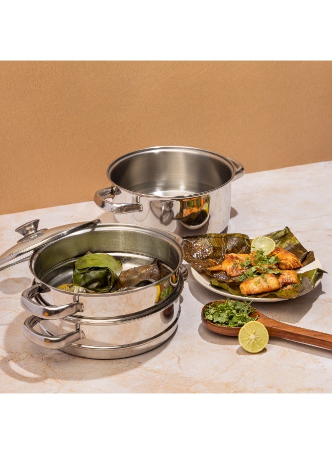 Vinod Stainless Steel 3-Tier Steamer with Glass Lid, 26 cm | 2.5 mm Thick Base | Multi-Purpose Steamer for Momos, Modaks, Vegetables & More | Riveted Handles | Induction & Gas Base - Image 2